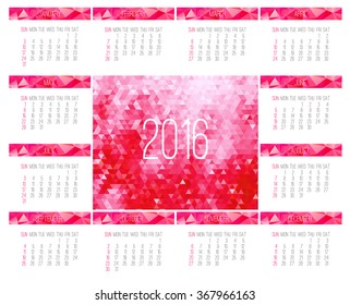 Year 2016 vector monthly calendar. Week starting from Sunday. Contemporary low poly design in pink color.