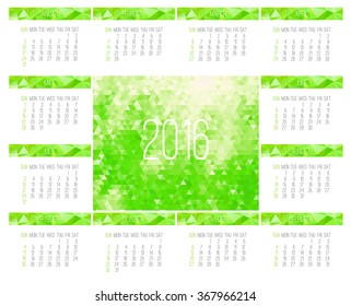 Year 2016 vector monthly calendar. Week starting from Sunday. Contemporary low poly design in bright green color.