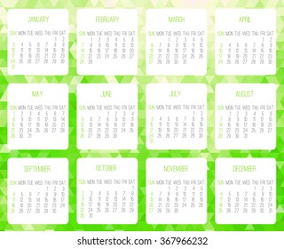 Year 2016 vector monthly calendar. Week starting from Sunday. Contemporary low poly design in bright green color.