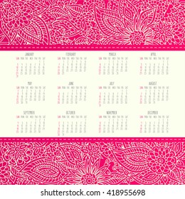 Year 2016 vector monthly calendar over pink lacy doodle hand drawn background, week starting from Sunday.