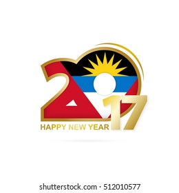 Year 2017 with Antigua and Barbuda Flag pattern. Happy New Year Design on white background. Vector Illustration.