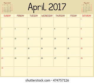 Year 2017 April Planner - A monthly planner calendar for April 2017. A custom handwritten style is used.