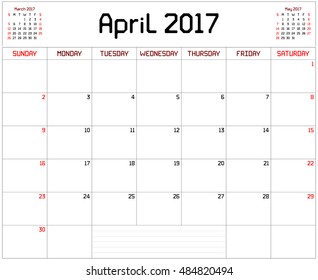 Year 2017 April Planner - A monthly planner calendar for April 2017 on white. A custom straight lines thick font is used.