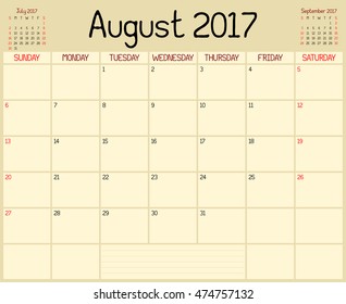 Year 2017 August Planner - A monthly planner calendar for August 2017. A custom handwritten style is used.