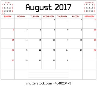 Year 2017 August Planner - A monthly planner calendar for August 2017 on white. A custom straight lines thick font is used.