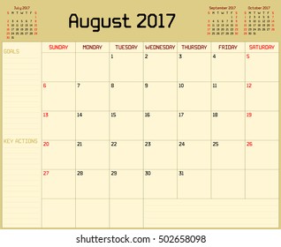 Year 2017 August planner - A monthly planner calendar for August 2017 on yellow background. A custom straight lines thick font is used.