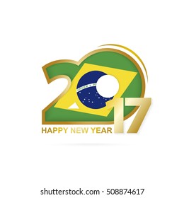Year 2017 with Brazil Flag pattern. Happy New Year Design on white background. Vector Illustration.