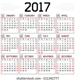 Year 2017 Calendar - A monthly calendar for the year 2017 on white. A custom straight lines thick font is used.