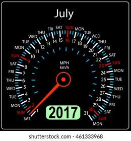 year 2017 calendar speedometer car in vector. July.