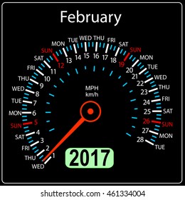 year 2017 calendar speedometer car in vector. February.