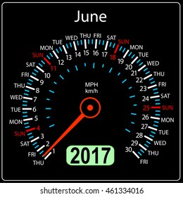 year 2017 calendar speedometer car in vector. June.