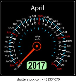 year 2017 calendar speedometer car in vector. April.