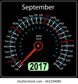 year 2017 calendar speedometer car in vector. September.