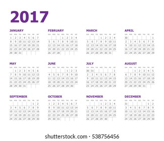 Year 2017 Calendar vector design template, simple and clean design