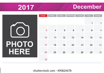 Year 2017 December month simple and clear design calendar template vector illustration eps10