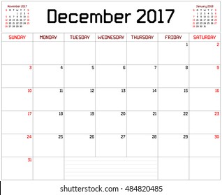 Year 2017 December Planner - A monthly planner calendar for December 2017 on white. A custom straight lines thick font is used.
