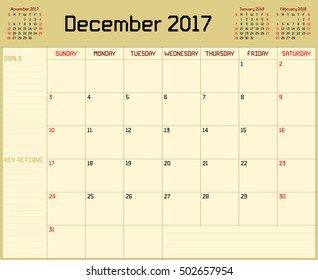 Year 2017 December planner - A monthly planner calendar for December 2017 on yellow background. A custom straight lines thick font is used.