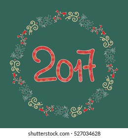 Year 2017 in floral round. Unique design element for greeting card in vector. Floral frame with numbers in beige. red and green colors