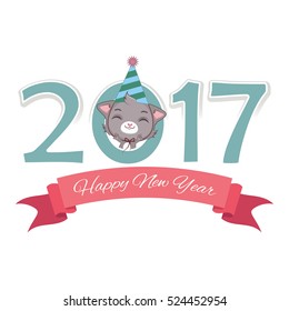 Year 2017 greeting with cat looking out from the number zero