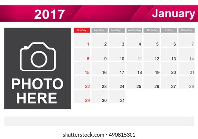 Year 2017 january month simple and clear design calendar template vector illustration eps10