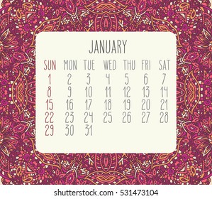 Year 2017 January vector calendar over pink lacy doodle hand drawn background, week starting from Sunday.