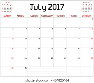 Year 2017 July Planner - A monthly planner calendar for July 2017 on white. A custom straight lines thick font is used.