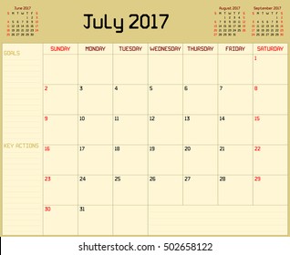 Year 2017 July planner - A monthly planner calendar for July 2017 on yellow background. A custom straight lines thick font is used.