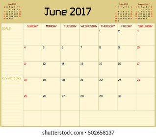 Year 2017 June planner - A monthly planner calendar for June 2017 on yellow background. A custom straight lines thick font is used.