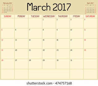 Year 2017 March Planner - A monthly planner calendar for March 2017. A custom handwritten style is used.
