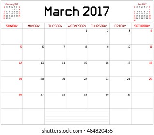 Year 2017 March Planner - A monthly planner calendar for March 2017 on white. A custom straight lines thick font is used.