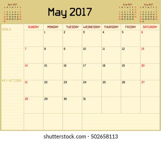 Year 2017 May planner - A monthly planner calendar for May 2017 on yellow background. A custom straight lines thick font is used.