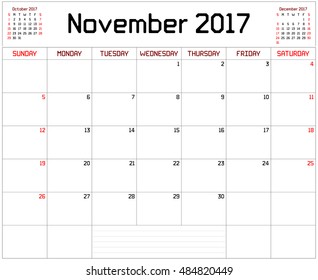 Year 2017 November Planner - A monthly planner calendar for November 2017 on white. A custom straight lines thick font is used.
