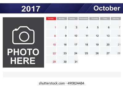 Year 2017 October month simple and clear design calendar template vector illustration eps10
