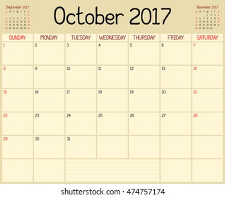 Year 2017 October Planner - A monthly planner calendar for October 2017. A custom handwritten style is used.