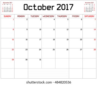 Year 2017 October Planner - A monthly planner calendar for October 2017 on white. A custom straight lines thick font is used.