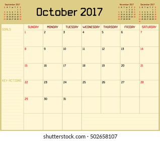 Year 2017 October planner - A monthly planner calendar for October 2017 on yellow background. A custom straight lines thick font is used.