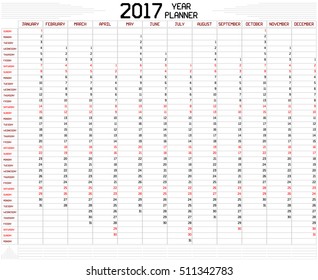 Year 2017 Planner - An annual planner calendar for the year 2017 on white. A custom straight lines thick font is used.