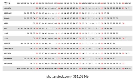 A year 2017 scalable vector desk calendar, all on one page