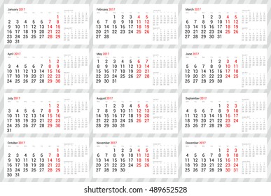 Year 2017 scalable vector desk or spiral calendar - all 12 months with next one and previous one on single page - with week starting on Monday. Strict office design in grey, black, and red on white