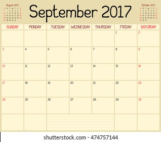 Year 2017 September Planner - A monthly planner calendar for September 2017. A custom handwritten style is used.