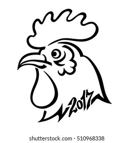 Year 2017 symbol Chinese Rooster Head. Hand drawing. Black lines on white background.