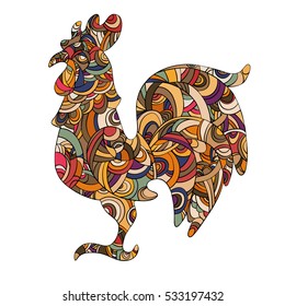 Year 2017 symbol Chinese Rooster. Isolated colorful with black outline. Drawing
