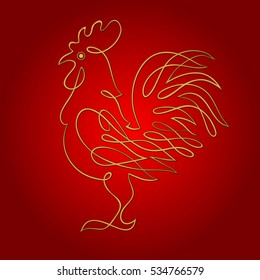 Year 2017 symbol Chinese Rooster. Golden on red gradient background. Drawing