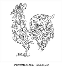 Year 2017 symbol Chinese Rooster. Isolated black outline on white background. Drawing