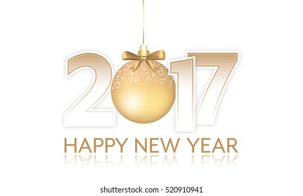 Year 2017 vector banner with golden hanging bauble and bow. 