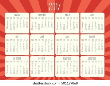 Year 2017 vector monthly calendar with hand drawn text over bright red background with rays of light. Week starting from Sunday.