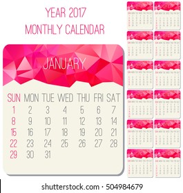 Year 2017 vector monthly calendar. Week starting from Sunday. Contemporary low poly design in hot pink color.