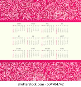 Year 2017 vector monthly calendar over pink lacy doodle hand drawn background, week starting from Sunday.