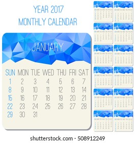 Year 2017 vector monthly calendar. Week starting from Sunday. Contemporary low poly design in blue color.