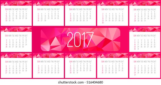 Year 2017 vector monthly calendar. Week starting from Sunday. Contemporary low poly design in hot pink color.